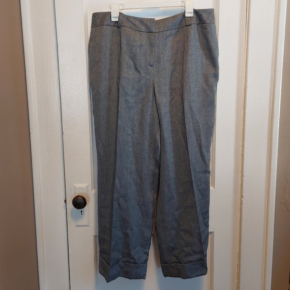 Talbots Petite Herringbone Wide Leg Cuffed Ankle Stretch Waist Linen Blend